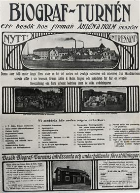 Reklamaffisch för Åhlén & Holms biografturné genom landet med en film som presenterar verksamheten i Insjön i Dalarna.