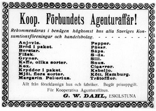 Annons, sortiment i Dahls agenturaffär.