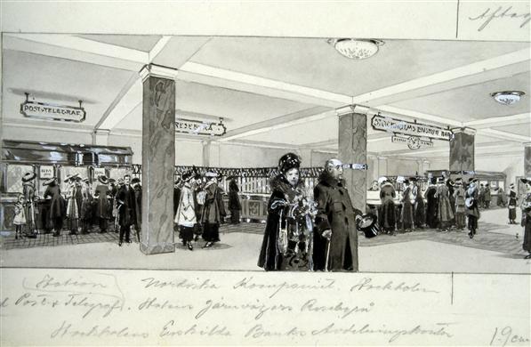 Interiör av varuhuset. Teckning från tiden för varuhusets nyinvigning på Hamngatan.