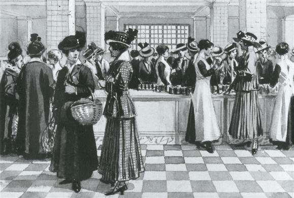 Interiör av varuhuset. Teckning från tiden för varuhusets nyinvigning på Hamngatan.