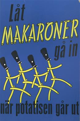 Reklamaffisch: marscherande makaroner, 1945-60.